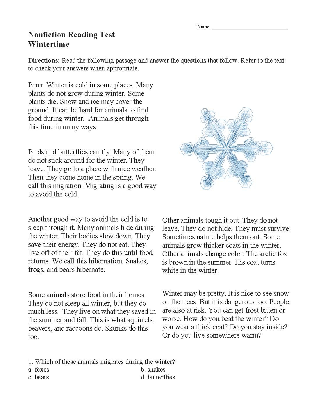 Wintertime | Nonfiction Reading Activity in Free Winter Reading Comprehension Worksheets