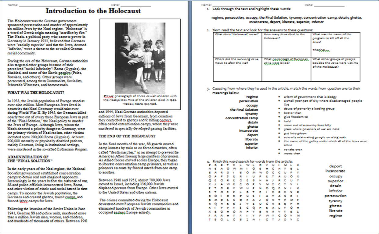 Worksheet: Introduction To The Holocaust – Duffy Stirling&amp;#039;S with regard to Holocaust Reading Comprehension Worksheets
