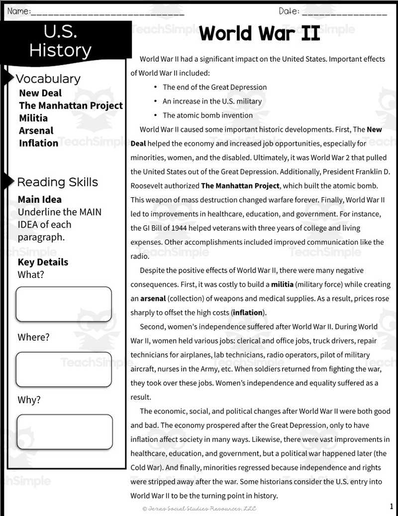 World War Ii Reading Packet in World War Two Comprehension Worksheets With Questions
