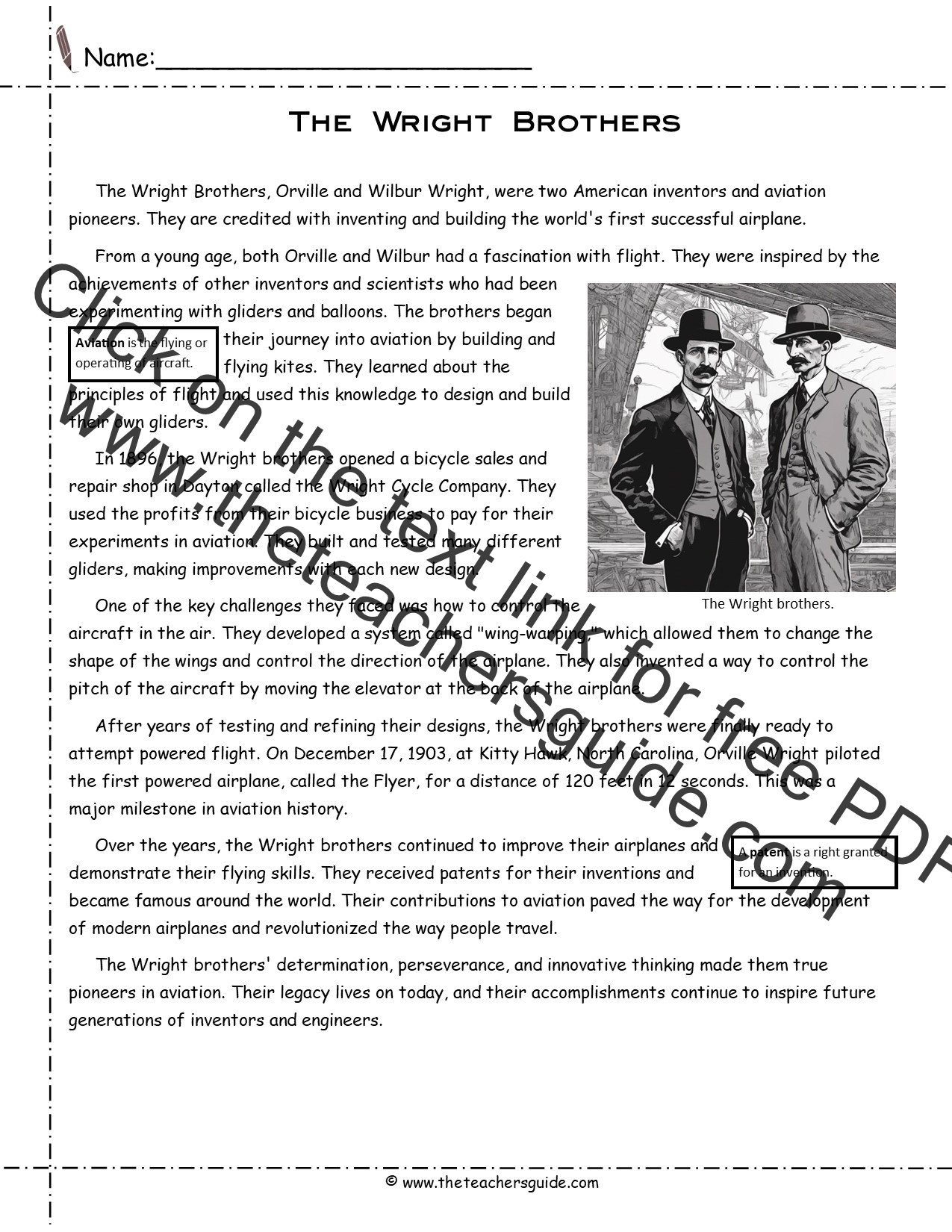 Wright Brothers Lesson Plans And Printouts with Wright Brothers Reading Comprehension Worksheet