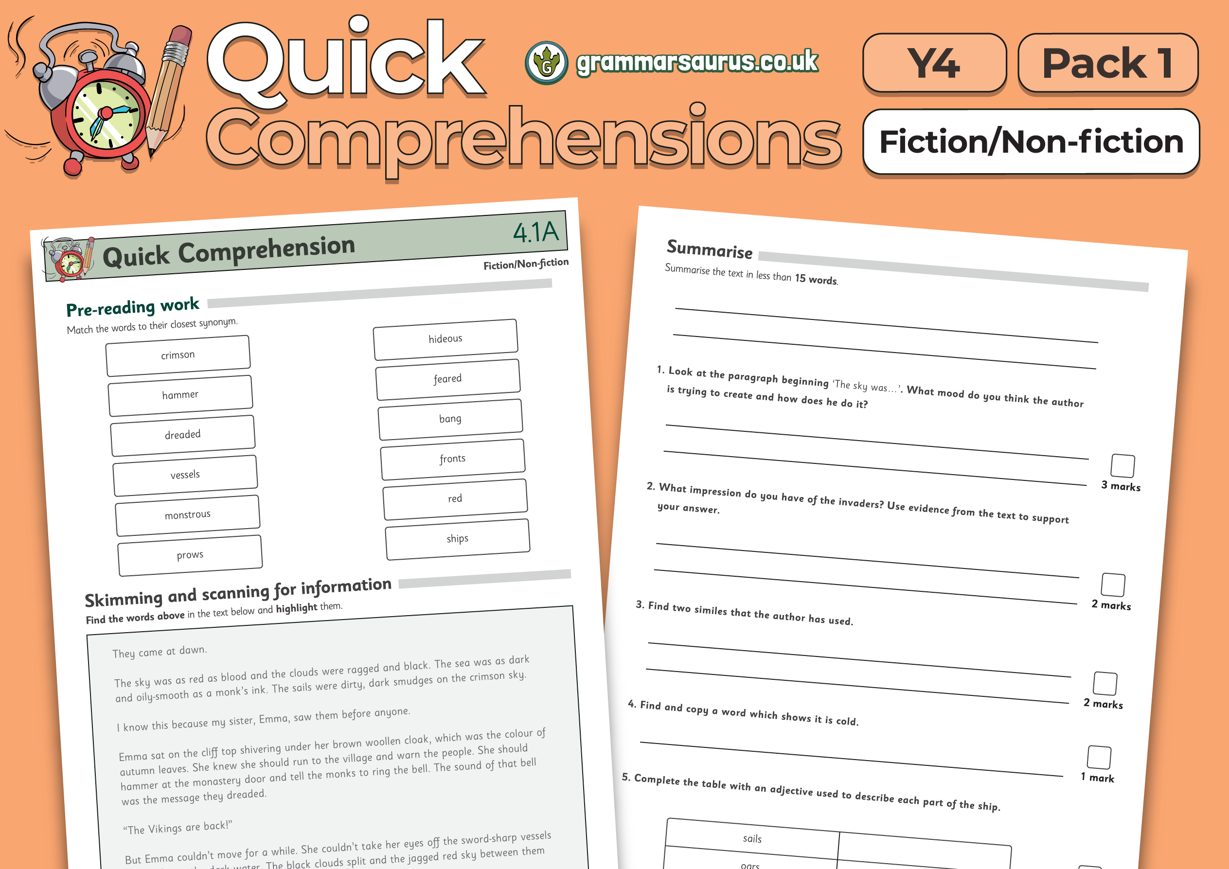 Year 4 Quick Comprehensions (Fiction/Non-Fiction) Pack 1 inside Year 4 Quick Reading Comprehension Worksheets